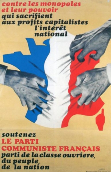 Affiche du Parti Communiste Français des années 60. affiche Parti Communiste Français années 60. défense « peuple », « nation » « l’intérêt national » en toutes lettres affiches PCF. mouvement réellement patriote